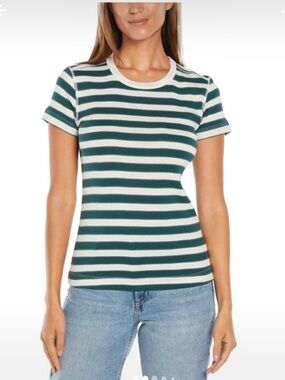 Three Dots Classic Ribbed Crewneck inTeal and White Striped Short Sleeve Tee
